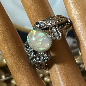 Vintage Faux Opal & Rhinestone Silver-tone Ring